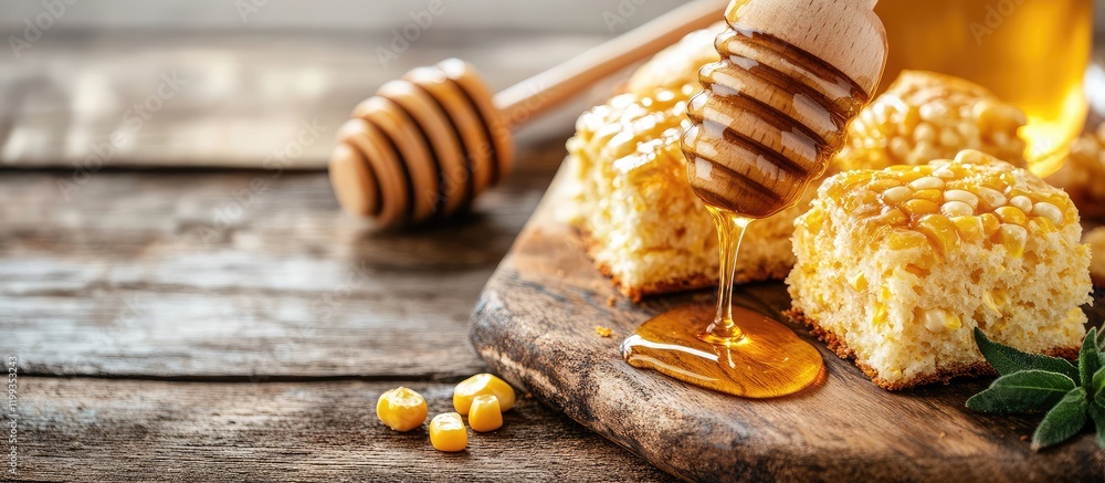 Aufkleber fluffy corn scone drizzled with golden honey on rustic wooden board with empty space for text and sc