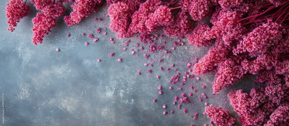 Poster Bright cockscomb amaranth flowers arranged on a textured surface, illuminated by soft sunlight, with ample space for text on the left.