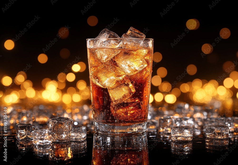 Aufkleber a glassy cocktail with ice cubes on a reflective surface surrounded by sparkling bokeh lights creati