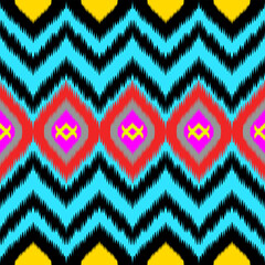 Vibrant zigzag pattern featuring bold colors like blue, red, and yellow, creating lively and dynamic design. Perfect for textiles or graphic backgrounds