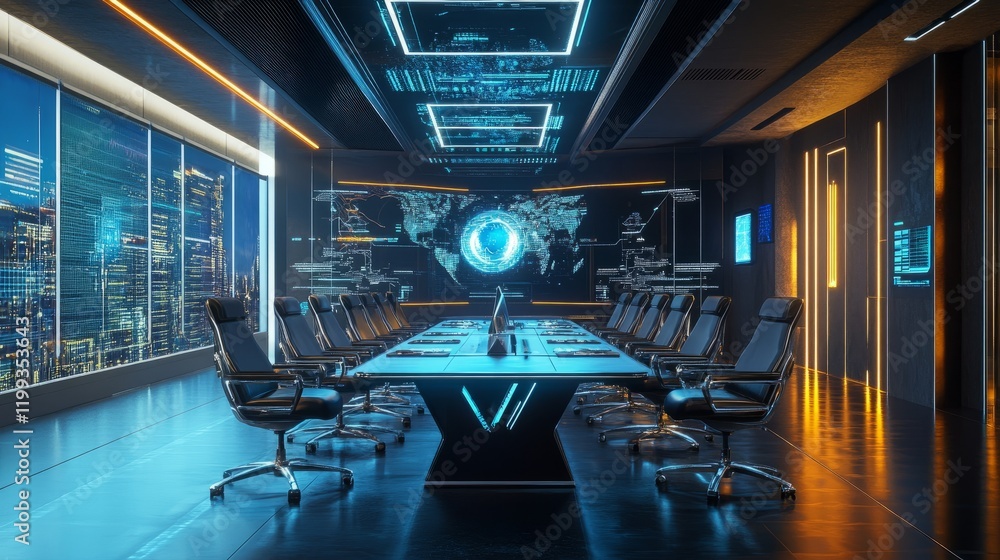 Poster command center conference room, 3d rendering with a futuristic design and modern, high-tech features