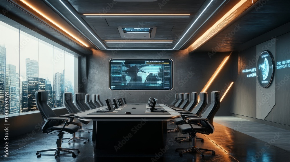 Poster command center conference room, 3d rendering with a futuristic design and modern, high-tech features