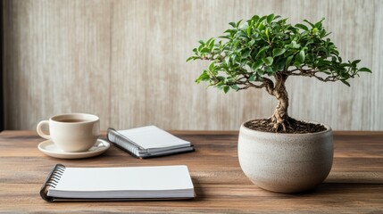 Bonsai tree on wooden desk with notebook and coffee cup