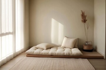 Minimalist bedroom corner with futon and pillows