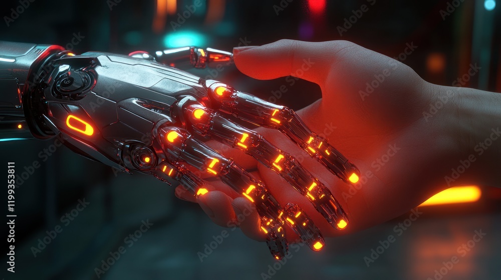 Poster connection between human and robotic hand in a futuristic setting with glowing details. generative a