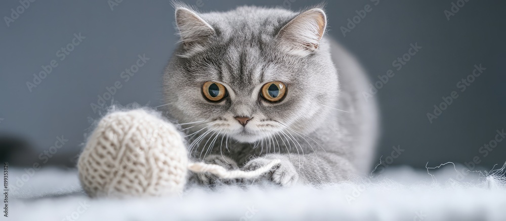 Poster fluffy gray cat focused on a textured knitted toy with soft white fur backdrop and empty space for t