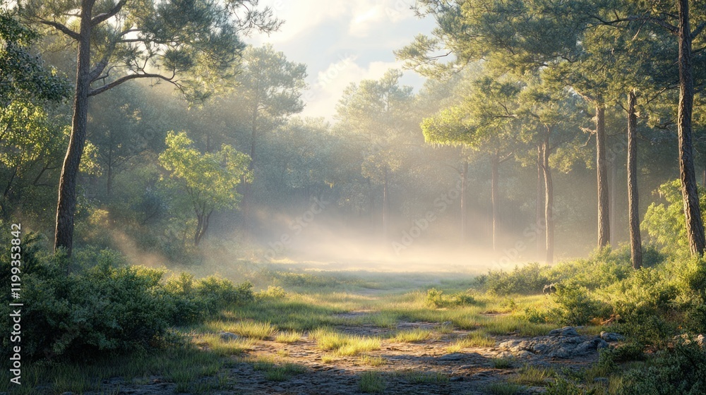 Poster misty morning in a serene forest with sunlight filtering through tall trees and lush greenery. gener