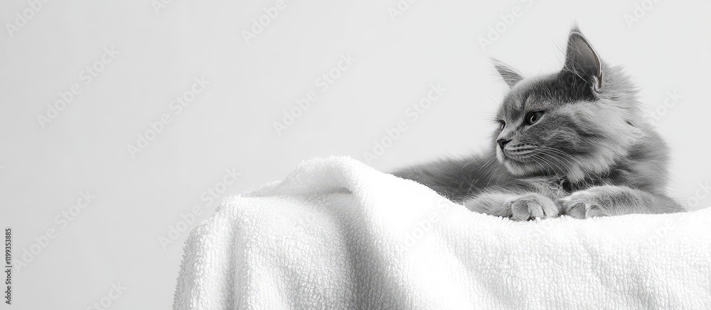 Poster gray fluffy cat lounging on a soft white towel against a light gray background with negative space f