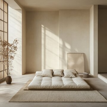 Minimalist bedroom design featuring a comfortable futon bed