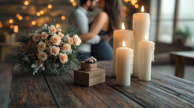Romantic evening setting with couple, candles, flowers, and soft lighting in cozy atmosphere. Generative AI