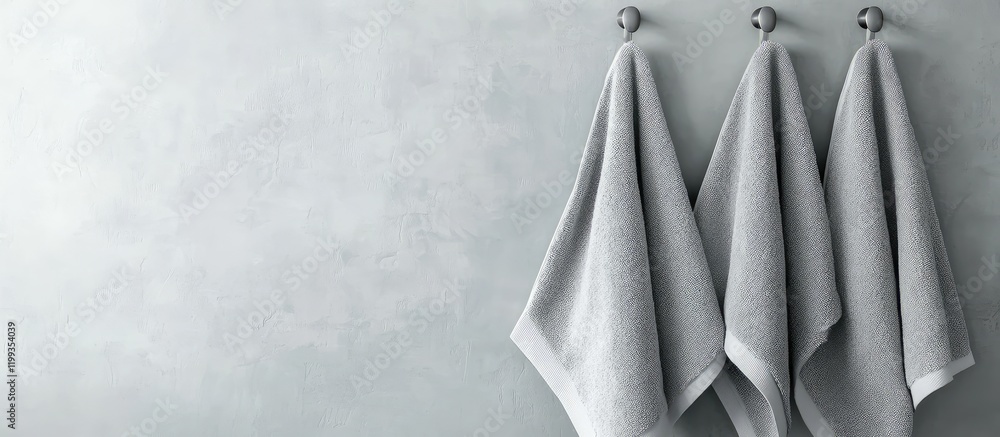 Poster fluffy gray towels draped on wall hooks against a minimalist gray background with ample copy space f