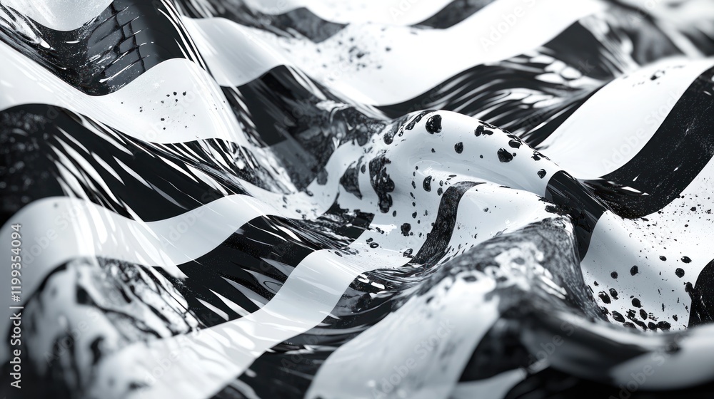 Poster dynamic black and white striped pattern featuring fluid textures and contrasting shadows. generative