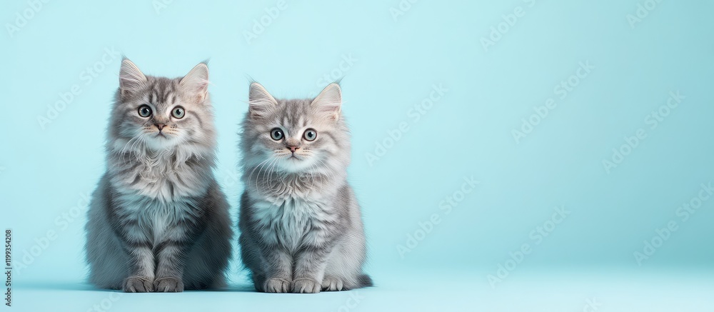 Poster fluffy grey kittens sitting on light blue background with empty copy space for text in horizontal or