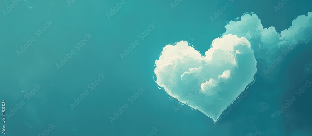 Poster heart-shaped fluffy cloud in a clear turquoise sky with ample space for text and soft gradients arou