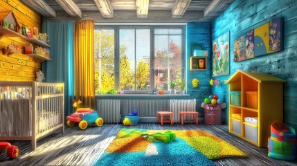 Bright and colorful children's playroom with toys and natural light.