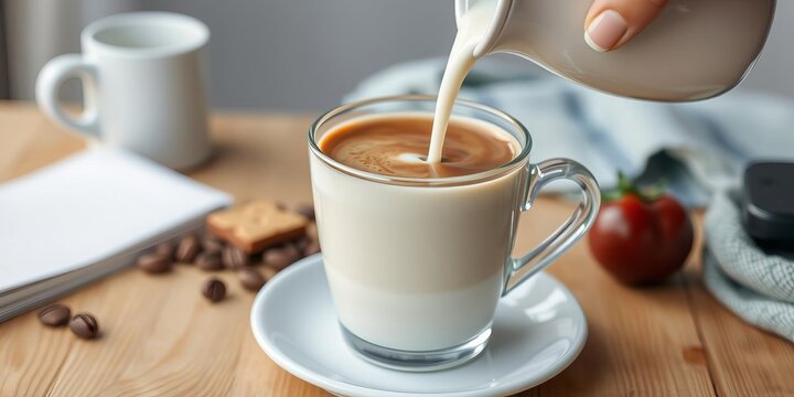 Closeup of pouring milk into a cup of hot coffee on a wooden table, closeup, refreshment