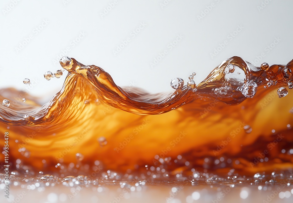 Poster abstract close-up of brown liquid splashing with bubbles in soft light, capturing the dynamic motion