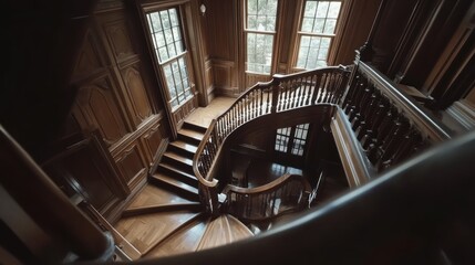 Obraz premium Grand Wooden Staircase in a Luxurious Mansion