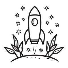 A simple line drawing of a rocket taking off from a planet, surrounded by stars and plants