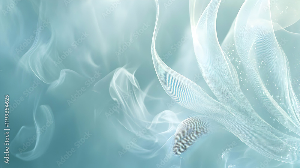 Poster abstract ethereal teal and white background image with flowing smoke and fabric textures, perfect fo