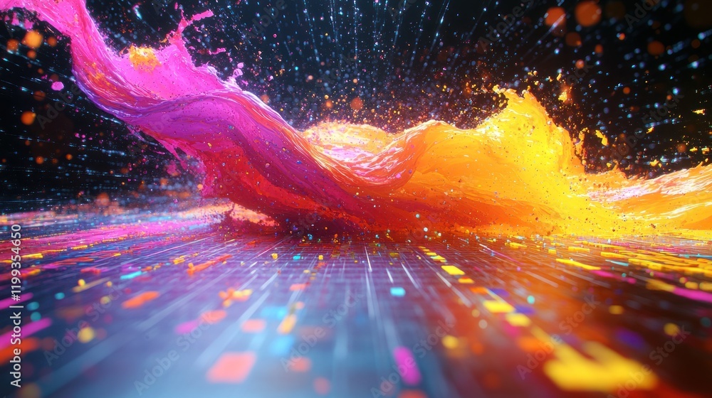 Poster abstract splash of vibrant color creating a dynamic wave effect on a digital background. generative 