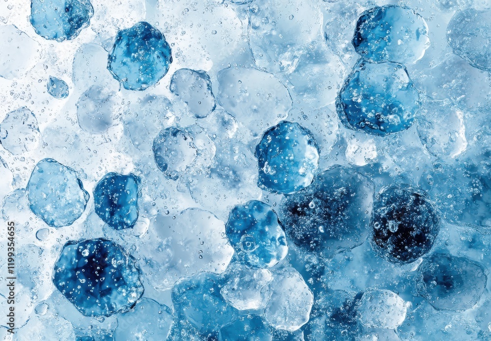 Poster abstract close-up of ice crystals and bubbles in varying shades of blue creating a vivid and refresh