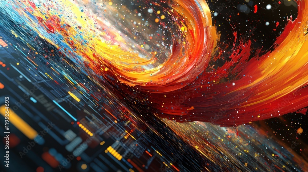 Poster dynamic abstract wave of vibrant colors flowing through a digital landscape at night. generative ai