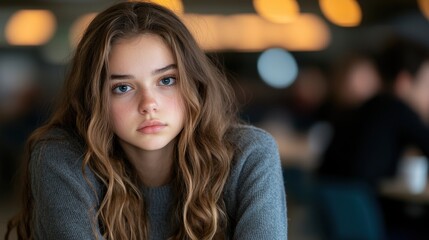 Obraz premium Caucasian female teen with long hair and gray sweater in cafe setting