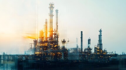 Obraz premium Industrial Refinery Complex at Sunrise Illuminating Towers