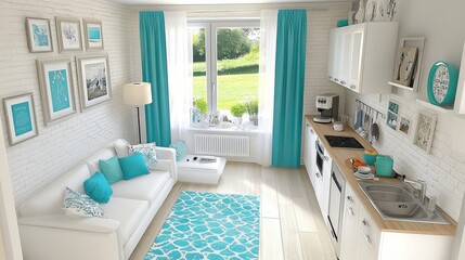 Cozy Turquoise and White Apartment Interior Design