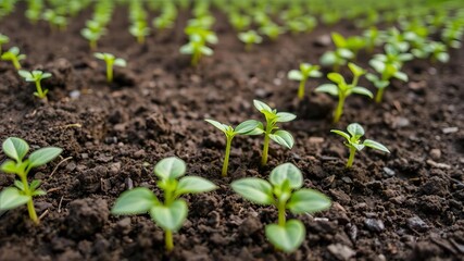 Closeup of water being sprinkled on green seedlings growing in rich soil, plantation, cultivating