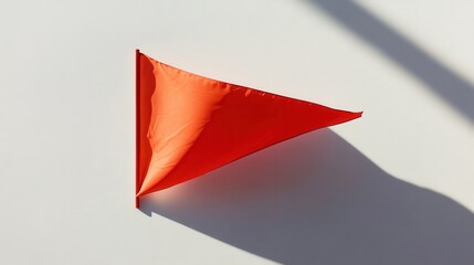 Bright orange triangular flag casting a shadow on a white background, symbolizing caution or warning