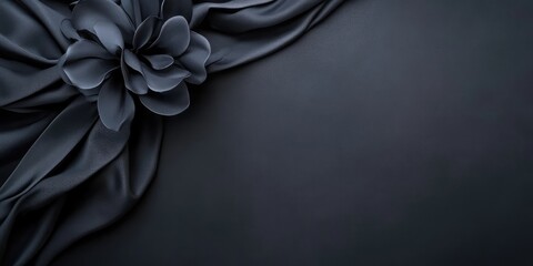 Charcoal suit draped over dark textured background with elegant fabric folds and flower accent, providing ample copy space for text.