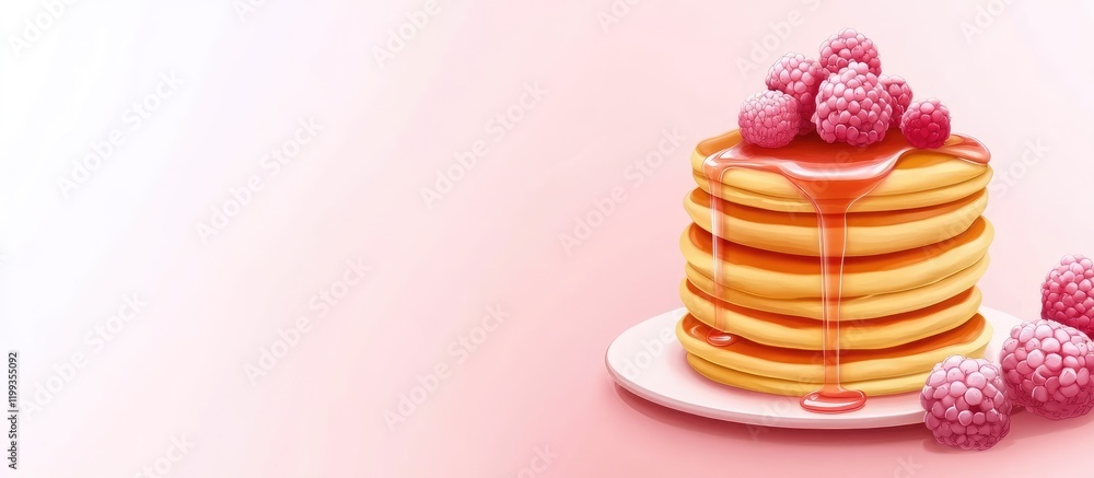 Poster fluffy pancake stack topped with syrup and raspberries, with blank space for text or branding.