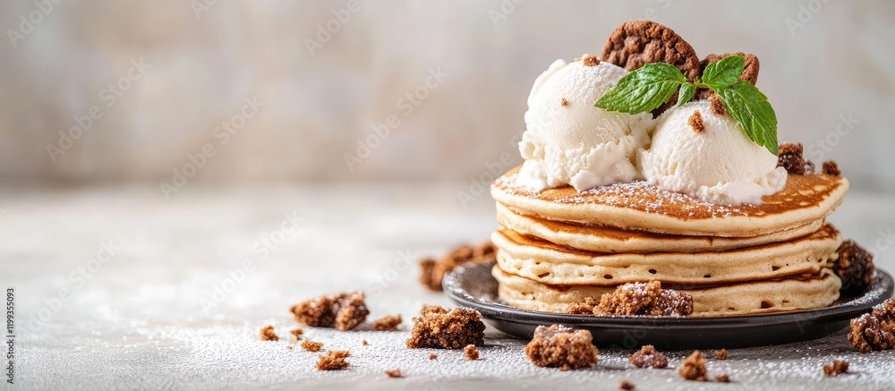 Poster pancakes stacked with vanilla ice cream and cookie crumbles on a dark plate with a light gray backgr