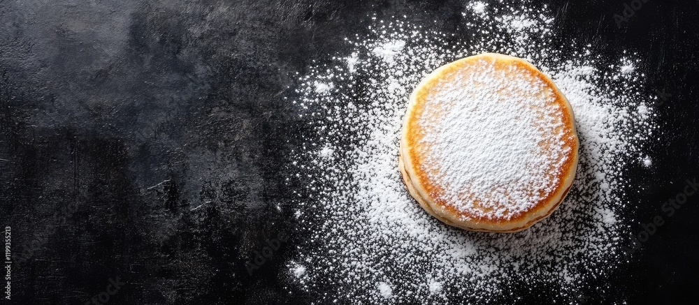 Poster fluffy pancakes topped with powdered sugar on a dark background with space for text or product place
