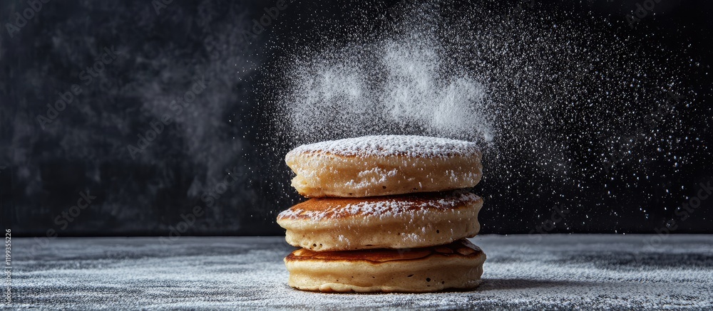 Poster stack of fluffy pancakes dusted with powdered sugar on a dark stone countertop with empty space for 