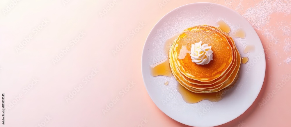 Poster fluffy pancakes topped with whipped cream and maple syrup on a plate with a light gradient backgroun