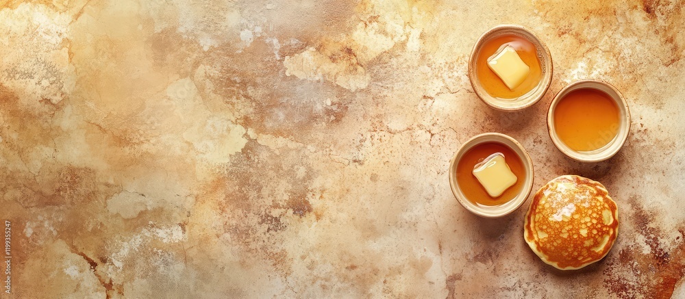 Poster fluffy golden pancakes topped with melted butter served on textured brown surface with empty copy sp