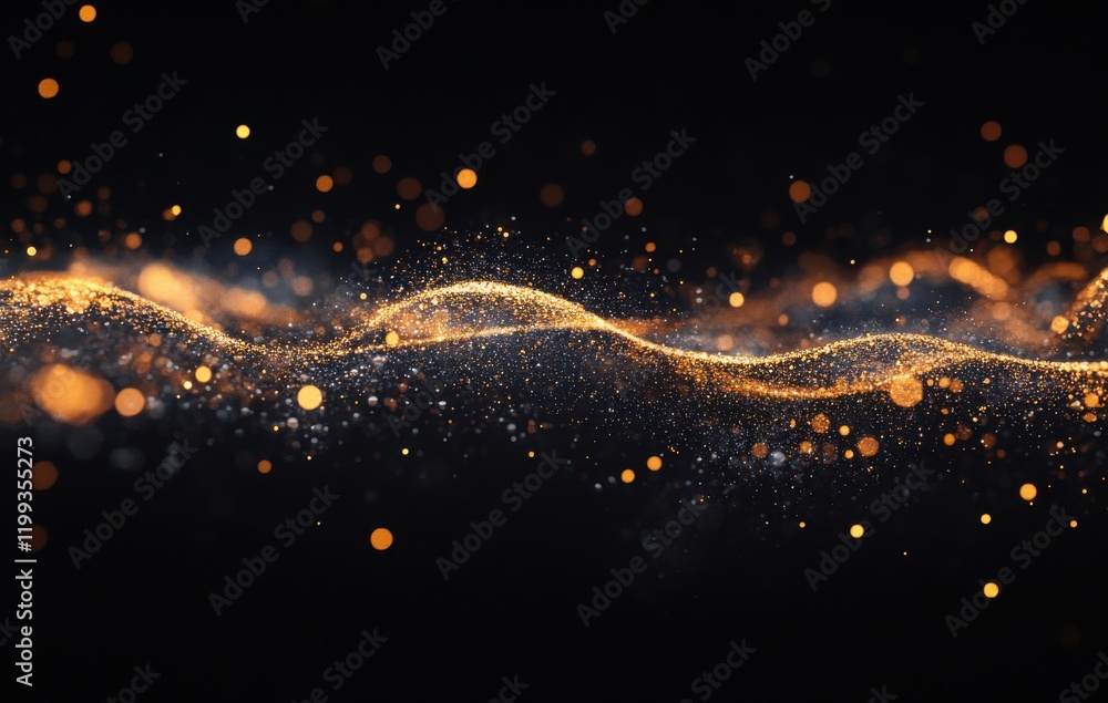 Poster abstract golden wave with sparkling particles and luminous bokeh effect on dark background creating 