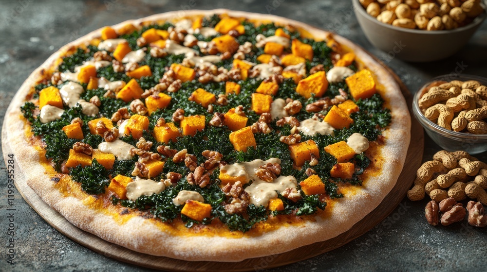 Poster delicious kale and butternut squash pizza topped with walnuts and creamy dressing on a rustic table.