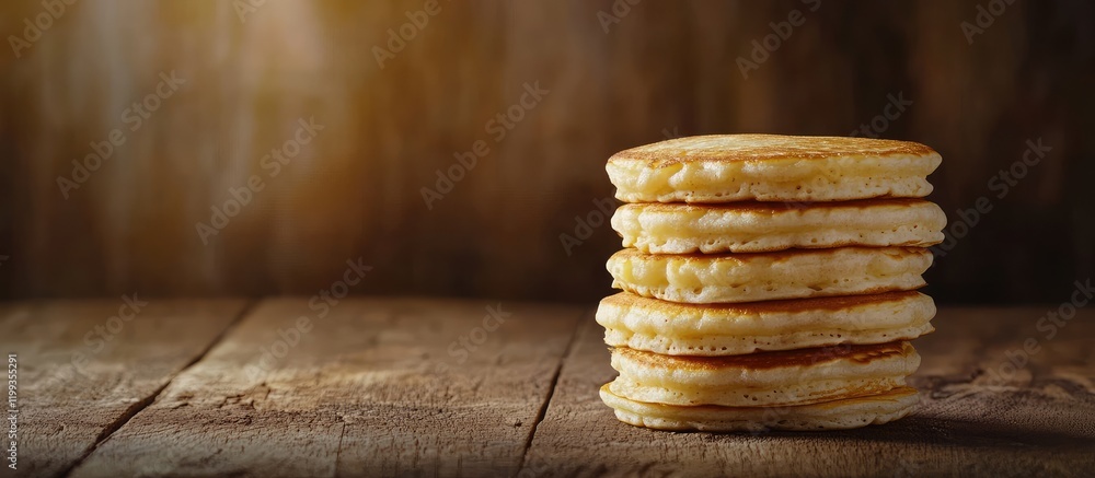Poster fluffy golden brown pancakes stacked on rustic wooden table with empty copy space for text natural l