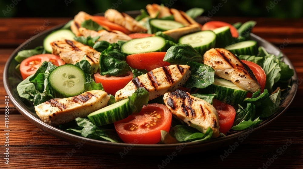 Poster fresh grilled chicken salad with cucumbers and tomatoes on a rustic wooden table. generative ai