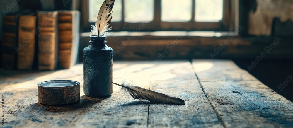 Poster feather quill and ink pot on rustic wooden table in sunlit attic with window light and soft shadows,