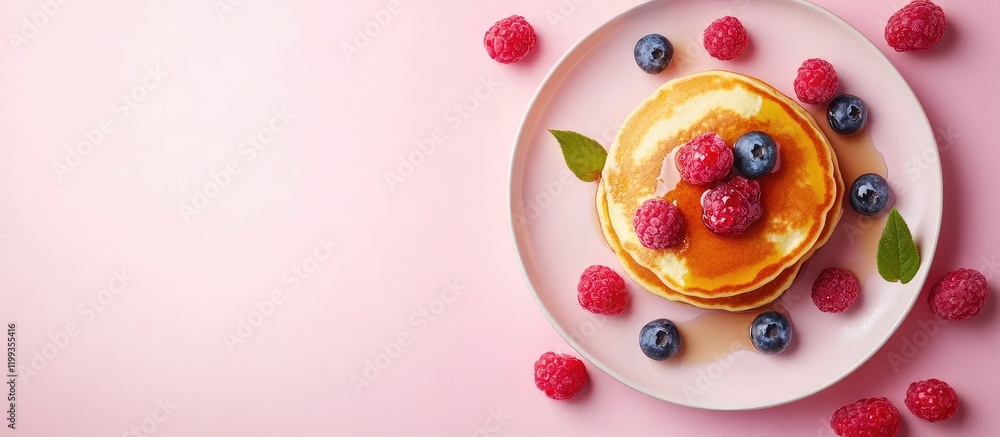 Poster fluffy pancakes with berries and syrup on a plate, set against a pink background with empty space fo
