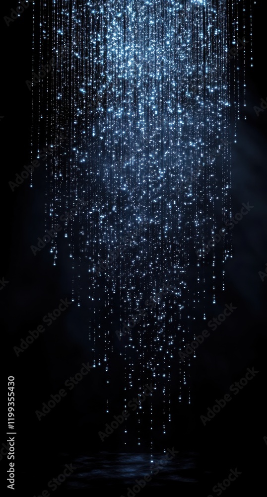 Poster abstract shimmering blue lights cascading down against a dark background, creating a magical and enc