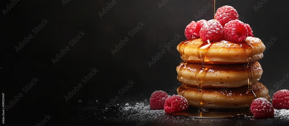 Poster stack of fluffy pancakes drizzled with syrup and topped with raspberries, with empty space for text 