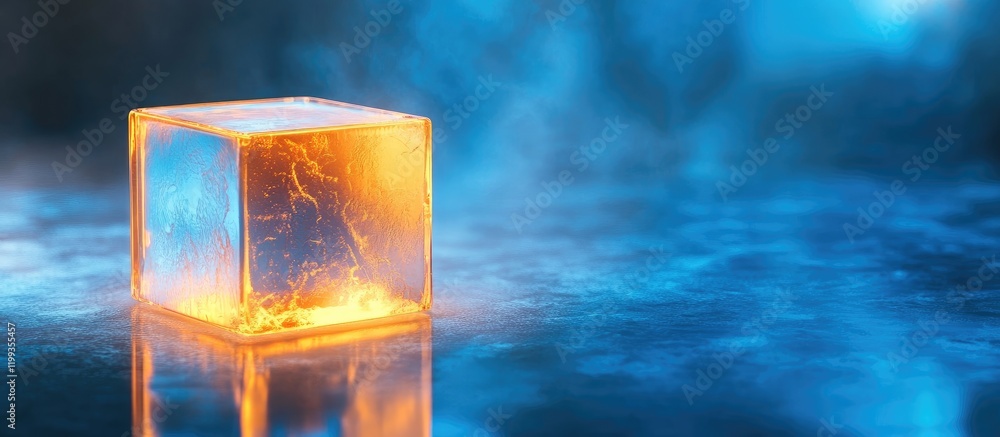Poster amber energy cube on reflective surface with blue color spectrum background and copy space for text,