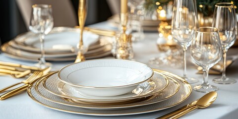 Elegant classic evening dining setup with crystal glassware and golden cutlery on white tablecloth in luxury restaurant with warm ambient lighting