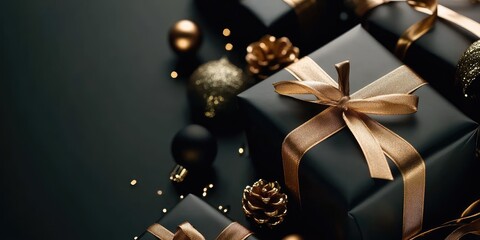 Elegant Christmas Gift Boxes in Black and Gold with Ribbons and Shiny Ornaments on Dark Background with Empty Space for Text